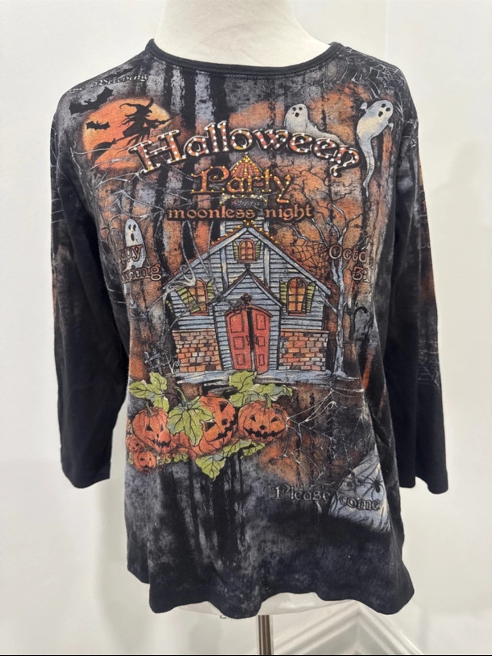 Halloween Party Moonless Night Graphic Long Sleeve Tee - Black & Orange Large